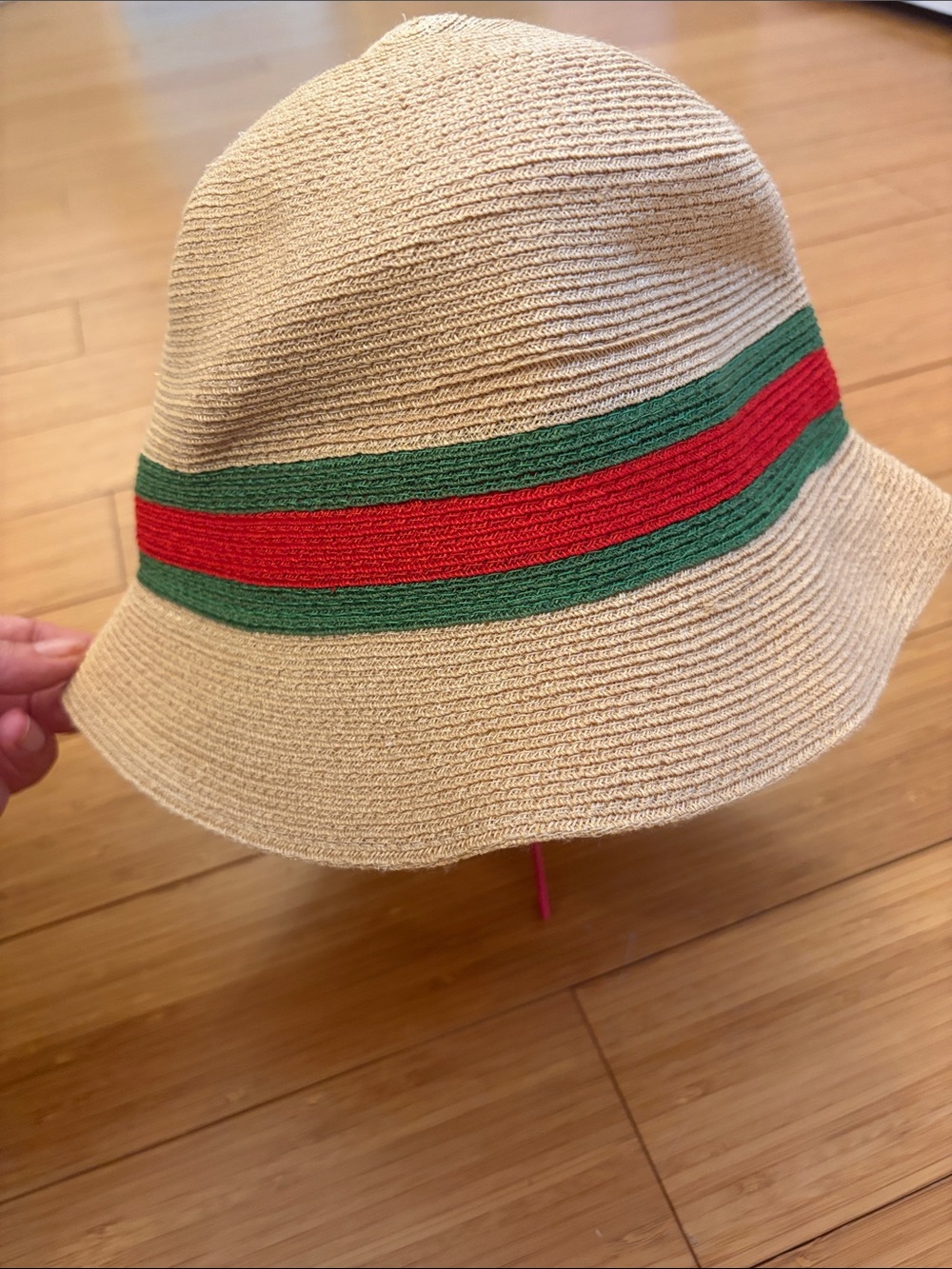 Authentic Gucci Cream Straw Bucket Hat with Red and Green Stripe